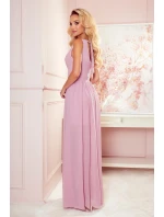 JUSTINE - Dlouhé dámské šaty v pudrově růžové barvě s výstřihem a zavazováním 362-3