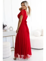 562-7 NASTIA Dlouhé šaty s výstřihem a krátkými rukávy - ČERVENÉ