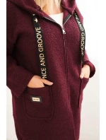 Dámský kabát Plus Size z umělé beránkové látky s kapucí a kapsami švestkový