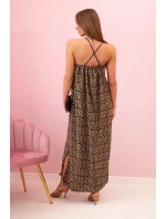 Dámské šaty na ramínka s šestiúhelníkovým vzorem camel