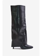 Zateplené kozačky na jehlovém podpatku s ohrnutým svrškem černé Tamonia