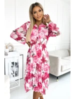 449-5 CARLA Plisované midi šaty s knoflíky a dlouhými rukávy - tmavě růžové KVĚTY na bílém pozadí