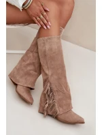 Dámské Kožené Boty Na Podpatku S třásněmi Béžové Zalia