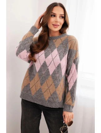 Svetr dámský s ajurem a kulatým výstřihem v diamond s vlnou šedý