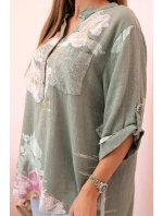 Dámská blůza z bavlny s květinovým vzorem a knoflíky khaki
