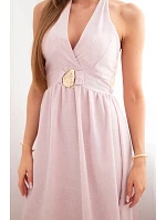 Dámské viskózové maxi šaty vázané na krku s ozdobnou sponou tmavě pudrově růžová