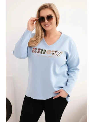 Dámská mikina Plus Size s nápisem a výstřihem do V modrá