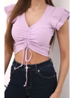 Dámská pruhovaná žebrovaná halenka na ramínkách s volánkem fialová