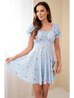 Dámské květinové šaty s nabíraným rukávem a elastickým pasem modrá