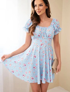 Dámské květinové šaty s nabíraným rukávem a elastickým pasem modrá