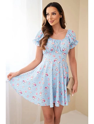 Dámské květinové šaty s nabíraným rukávem a elastickým pasem modrá