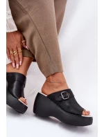 Kožené Dámské Sandály Na Platformě A Klínu S Přezkou Černé S.Barski LR51-542 Kožené Dámské Sandály Na Platformě A Klínu S Přezkou Černé S.Barski LR51-542