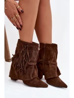 Dámské kotníkové boty na podpatku s třásněmi a zlatými sponami hnědé Evelisse Botki Damskie