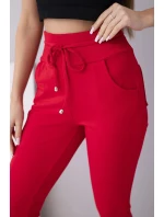 Dámské teplákové kalhoty s vysokým pasem a šňůrkou červené