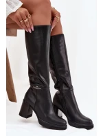 Dámské musketýrky z přírodní kůže na sloupkovém podpatku, zateplené Vinceza 66826 – černé