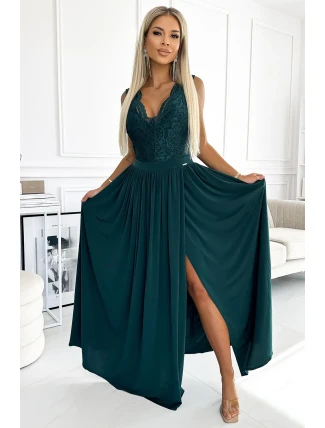 211-6 Dlouhé šaty LEA s krajkovým výstřihem - BOTTLE GREEN