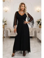 655-1 Dlouhé lehké třpytivé šaty s výstřihem a průhlednými rukávy - černé 655-1 Dlouhé lehké třpytivé šaty s výstřihem a průhlednými rukávy - černé