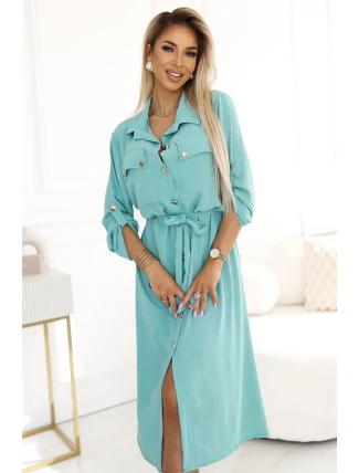 531-2 Midi košilka se zlatými knoflíky a vázáním - MINT