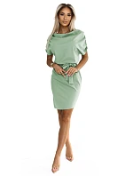 240-10 ROXI pohodlné šaty s asymetrickou sukní a páskem - pistáciová barva
