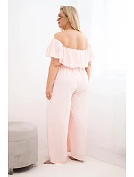 Dámský overal Plus Size s volánem a krátkým rukávem pudrově růžová
