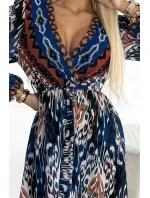 516-1 Šifonové šaty s výstřihem a dlouhými rukávy - indický vzor