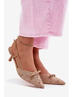 Dámské krajkové sandály na podpatku s mašlí Béžové Maribelle