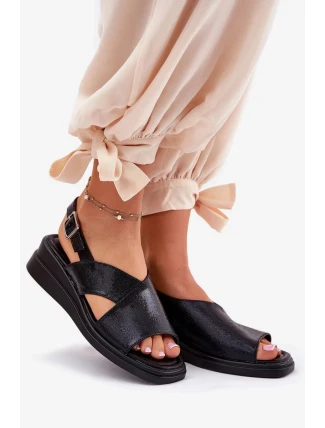 Dámské lakované sandály na klínku z eko kůže - černé Quilara