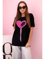 Dámské bavlněné oversize tričko srdcem a třásněmi černá