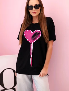 Dámské bavlněné oversize tričko srdcem a třásněmi černá