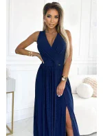 362-9 JUSTINE Dlouhé šaty se srdíčkovým výstřihem a zavazováním na zádech - GRANITE se třpytkami