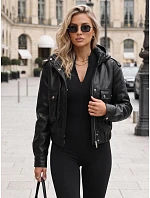 Dámská kožená bunda s kapucí, černá, FashionStreet TY5876 Dámská kožená bunda s kapucí, černá, FashionStreet TY5876