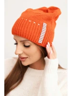 Dámská zimní pletená čepice s krystaly K453 oranžová