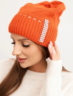 Dámská zimní pletená čepice s krystaly K453 oranžová