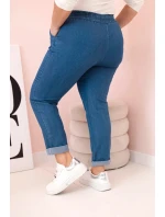 Dámské bavlněné kalhoty Plus Size s elastickým pasem a zavazováním denim Dámské bavlněné kalhoty Plus Size s elastickým pasem a zavazováním denim