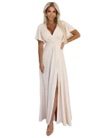 581-6 JENNIFER dlouhé šaty s rozparkem na nohou, rukávy a výstřihem - BEACH