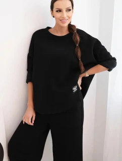 Dámský teplákový komplet z silnějšího materiálu se širokými nohavicemi černý