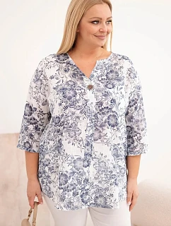 Dámská bavlněná halenka plus size s krátkým rukávem a ozdobným knoflíkem bílá