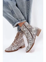 Kožené Vzorované Kotníkové Boty Na Ploché Podpatky Maciejka 06391-25 Béžové