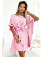 287-30 SOFIA Dámské motýlí šaty se zavazováním v pase - PASTELOVÁ Bledě růžová 287-30 SOFIA Dámské motýlí šaty se zavazováním v pase - PASTELOVÁ Bledě růžová