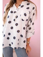 Lněná dámská halenka s květinovým vzorem, dlouhými rukávy a knoflíky Bílá