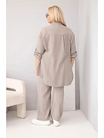 Dámský mušelínový komplet Plus Size s košilí zapínanou na knoflíky a kalhotami se širokými nohavicemi fango