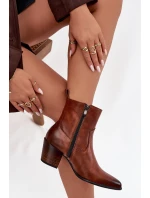 Kožené Kožené Kozačky Pro Ženy Na Podpatku Vyhřívané Zazoo 60565 Hnědé