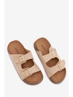 Dámské pantofle na korkové platformě se zlatými sponami světle béžové Tovessa