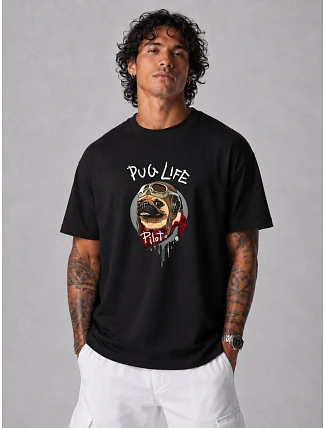 Pánské bavlněné tričko oversize s potiskem černé FashionStreet NX1002R Pánské bavlněné tričko oversize s potiskem černé FashionStreet NX1002R