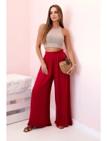 Široké dámské viskózové kalhoty s elastickým pasem vínové
