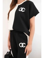 Dámský máslový komplet s oversize mikinou a širokými kalhotami ecru + černý