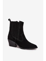 Semišové kovbojské kotníkové boty dámské na podpatku zateplené černé Dylira