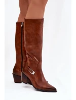 Kožené Kozačky Na Podpatku S Přezkou Zateplené Zazoo 70156 Hnědé