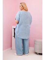 Dámská souprava Plus Size z tencelu halenka a kalhoty s vázáním světle džínový