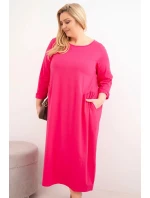 Dámská suknička Plus Size bavlněná s dlouhým rukávem a řasením v pase fuchsie